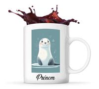 Planetee Tasse Phoque Prénom Personnalisable Vintage Phoque en Tampon Ancien avec Motifs Géométriques Abstraits, Moderne et Lumineux. | Mug Original Customisable