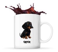 Planetee Tasse Teckel style Cartoon Prénom Nom Personnalisable - Mug Café Thé Idée Cadeau Personnalisé Homme Femme Original pour Propriétaire de Chiot