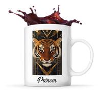 Planetee Tasse Tigre Prénom Personnalisable Art Déco Tigre Style Art Déco avec Lignes Géométriques Élégantes et Couleurs Métalliques, Fond en Marbre Texturé. | Mug Original Customisable