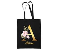 Planetee Tote Bag Alison | Sac cabas réutilisable prénom femme fond noir avec Lettre fleur | Idée cadeau pour anniversaire noël et fête des mères