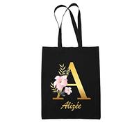 Planetee Tote Bag Alizée | Sac cabas réutilisable prénom femme fond noir avec Lettre fleur | Idée cadeau pour anniversaire noël et fête des mères