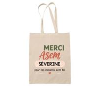 Planetee Tote Bag Beige Merci ASEM Séverine pour ces instants avec toi | Cadeau Fin d'Année Scolaire ATSEM ASEM École Maternelle | Cadeau de Remerciement | Sac Coton 10 L
