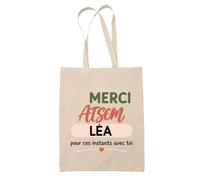 Planetee Tote Bag Beige Merci ATSEM Léa pour ces instants avec toi | Cadeau Fin d'Année Scolaire ATSEM ASEM École Maternelle | Cadeau de Remerciement | Sac Coton 10 L
