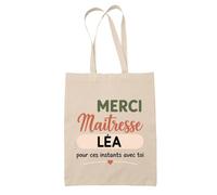 Planetee Tote Bag Beige Merci Maîtresse Léa pour ces instants avec toi | Cadeau Fin d'Année Scolaire Maîtresse Institutrice École Primaire | Cadeau de Remerciement | Sac Coton 10 L