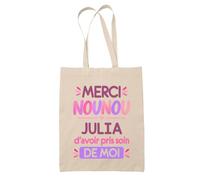 Planetee Tote Bag Beige Merci Nounou Julia | Cadeau Fin d'Année Scolaire Nounou Assmat Assistante Maternelle Crèche | Cadeau de Remerciement | Sac Coton 10 L