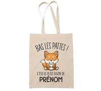 Planetee Tote bag Beige prénom personnalisable bas les pattes Renard | Sac Cabas en toile à personnaliser Prénom Surnom Nom de Famille Anniversaire Noël