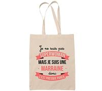 Planetee Tote Bag Beige Superwoman Marraine | Sac en toile Cabas Coton original idéal pour cadeau de noël et anniversaire