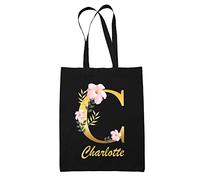 Planetee Tote Bag Charlotte | Sac cabas réutilisable prénom femme fond noir avec Lettre fleur | Idée cadeau pour anniversaire noël et fête des mères