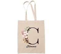 Planetee Tote bag Clémence | Sac caban en toile coton prénom femme avec Lettre fleur | Idée cadeau pour anniversaire noël et fête des mères