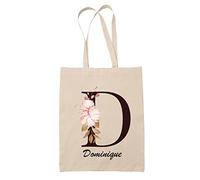 Planetee Tote bag Dominique | Sac caban en toile coton prénom femme avec Lettre fleur | Idée cadeau pour anniversaire noël et fête des mères
