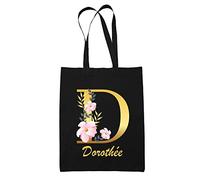Planetee Tote Bag Dorothée | Sac cabas réutilisable prénom femme fond noir avec Lettre fleur | Idée cadeau pour anniversaire noël et fête des mères