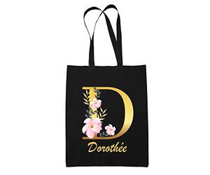 Planetee Tote Bag Dorothée | Sac cabas réutilisable prénom femme fond noir avec Lettre fleur | Idée cadeau pour anniversaire noël et fête des mères