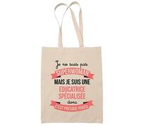 Planetee Tote bag éducatrice Superwoman | Sac coton cabas Idée Cadeau Femme Humour Collègue famille Anniversaire Noël