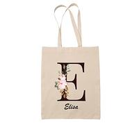 Planetee Tote bag Elisa | Sac caban en toile coton prénom femme avec Lettre fleur | Idée cadeau pour anniversaire noël et fête des mères