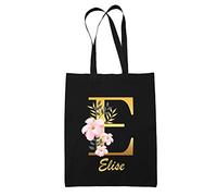 Planetee Tote Bag Elise | Sac cabas réutilisable prénom femme fond noir avec Lettre fleur | Idée cadeau pour anniversaire noël et fête des mères