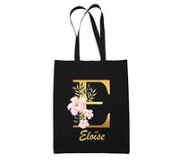 Planetee Tote Bag Eloïse | Sac cabas réutilisable prénom femme fond noir avec Lettre fleur | Idée cadeau pour anniversaire noël et fête des mères