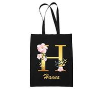 Planetee Tote Bag Hanna | Sac cabas réutilisable prénom femme fond noir avec Lettre fleur | Idée cadeau pour anniversaire noël et fête des mères