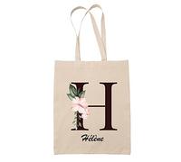 Planetee Tote bag Hélène | Sac caban en toile coton prénom femme avec Lettre fleur | Idée cadeau pour anniversaire noël et fête des mères
