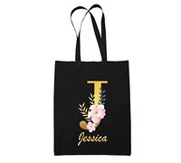Planetee Tote Bag Jessica | Sac cabas réutilisable prénom femme fond noir avec Lettre fleur | Idée cadeau pour anniversaire noël et fête des mères
