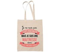 Planetee Tote bag Maitresse Superwoman | Sac coton cabas Idée Cadeau Femme Humour Collègue famille Anniversaire Noël