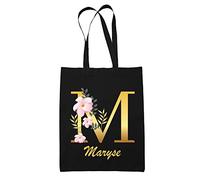 Planetee Tote Bag Maryse | Sac cabas réutilisable prénom femme fond noir avec Lettre fleur | Idée cadeau pour anniversaire noël et fête des mères