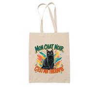 Planetee Tote Bag Mon chat noir c'est ma thérapie | Sac de Plage en Toile de Coton Épaule | Idée Cadeau Homme Femme Anniversaire Noël | Imprimé en Bretagne