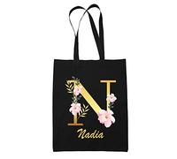 Planetee Tote Bag Nadia | Sac cabas réutilisable prénom femme fond noir avec Lettre fleur | Idée cadeau pour anniversaire noël et fête des mères