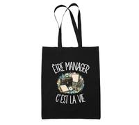 Planetee Tote Bag Noir Être manager c'est la vie | Sac en Coton 10 L 37 × 42 cm avec Anses Longues | Courses Bureau Shopping | Cadeau Encadrant Encadrante Anniversaire