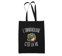 Planetee Tote Bag Noir L’Ornithologie c’est la vie | Sac en Coton 10 L 37 × 42 cm avec Anses Longues | Courses Bureau Shopping | Cadeau Ornithologue Anniversaire