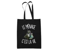 Planetee Tote Bag Noir Le ménage c'est la vie | Sac en Coton 10 L 37 × 42 cm avec Anses Longues | Courses Bureau Shopping | Cadeau Fée du Logis Anniversaire
