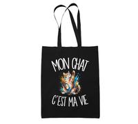 Planetee Tote Bag Noir Mon chat c'est ma vie | Sac en Coton 10 L 37 × 42 cm avec Anses Longues | Courses Bureau Shopping | Cadeau Amoureux et Amoureuse des Félins Anniversaire