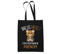 Planetee Tote bag Noir prénom personnalisable bas les pattes Ours | Sac Cabas en toile à personnaliser Prénom Surnom Nom de Famille Anniversaire Noël