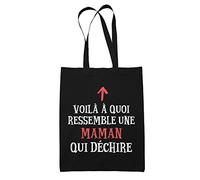 Planetee Tote Bag Noir Qui Dechire Maman | Sac en toile Cabas Coton original idéal pour mère | cadeau de noël et anniversaire fête des mères