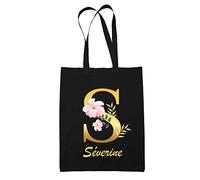 Planetee Tote Bag Séverine | Sac cabas réutilisable prénom femme fond noir avec Lettre fleur | Idée cadeau pour anniversaire noël et fête des mères
