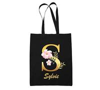 Planetee Tote Bag Sylvie | Sac cabas réutilisable prénom femme fond noir avec Lettre fleur | Idée cadeau pour anniversaire noël et fête des mères