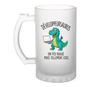 Planetee Verre à Bière Developpeursaurus Dinosaure | Chope Givrée en Verre Trempé 470 ml à Anse Recto Verso | Apéro Bar Bistrot Match | Cadeau Homme Anniversaire Fête des Pères