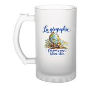 Planetee Verre à Bière La géographie, toujours une bonne idée | Chope Givrée en Verre Trempé 470 ml à Anse Recto Verso | Apéro Bar Bistrot Match | Cadeau Géographe Homme Anniversaire Fête des Pères