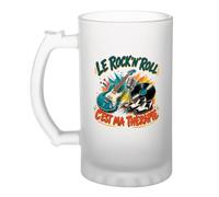 Planetee Verre à Bière Le rock'n'roll c'est ma thérapie | Chope Givrée en Verre Trempé 470 ml à Anse Recto Verso | Apéro Bar Bistrot Match | Cadeau Homme Anniversaire Fête des Pères