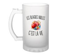 Planetee Verre à Bière Les Blagues Nulles c’est la vie | Chope Givrée en Verre Trempé 470 ml à Anse Recto Verso | Apéro Bar Bistrot Match | Cadeau Homme Anniversaire Fête des Pères