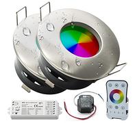 Planetitaly Lot de 2 spots chromothérapie LED RGB RGBW 12 W IP65 24 V encastré cabine de douche bain turc unité de commande avec télécommande 24 V incluse (dimmable rgb+4000 k) (couleur argent brossé)