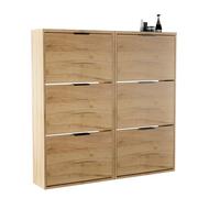 Planetmöbel 2 x Meuble à Chaussures étroit avec 3 Portes, étagère à Chaussures Peu encombrante avec 6 tablettes, Rangement Chaussures pour entrée, Couloir, vestiaire 60 x 23 x 118 cm, chêne doré