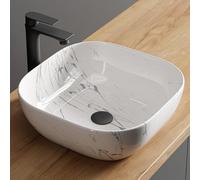 Planetmöbel Aquil Deluxe Lavabo carré, à poser, pour salle de bain et WC d'invités, sans trou de robinetterie et trop-plein, marbré, blanc, 42,5 x 42,5 x 14 cm