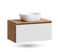 Planetmöbel Arisa Ensemble de meubles de salle de bain avec lavabo 80 cm chêne doré blanc, lavabo 42 cm blanc, avec siphon d'économie d'espace