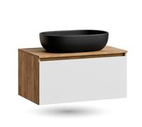 Planetmöbel Arisa Ensemble de meubles de salle de bain avec lavabo 80 cm chêne doré blanc, lavabo 60 cm noir, avec siphon d'économie d'espace