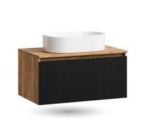 Planetmöbel Arisa Ensemble de meubles de salle de bain avec lavabo de 80 cm, chêne doré et noir (strié), lavabo de 55 cm blanc, avec siphon économiseur d'espace