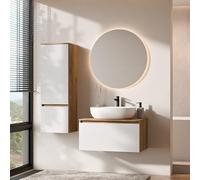 Planetmöbel Arisa Ensemble de meubles de salle de bain avec meuble bas 80 cm chêne doré blanc avec miroir Nova et armoire haute, lavabo de 60 cm blanc, avec siphon d'économie d'espace