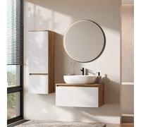Planetmöbel Arisa Ensemble de meubles de salle de bain avec meuble bas 80 cm chêne doré blanc avec miroir Veluna et armoire haute, lavabo de 60 cm blanc, avec siphon d'économie d'espace