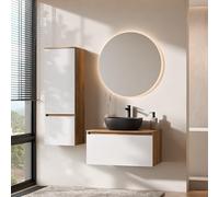 Planetmöbel Arisa Ensemble de meubles de salle de bain avec meuble bas 80 cm chêne doré blanc avec miroir Nova et armoire haute, lavabo 42 cm noir, avec siphon d'économie d'espace