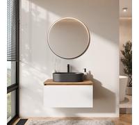 Planetmöbel Arisa Ensemble de meubles de salle de bain avec meuble bas 80 cm chêne doré blanc avec miroir Veluna Lavabo 55 cm noir + siphon économiseur d'espace