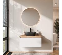Planetmöbel Arisa Ensemble de meubles de salle de bain avec meuble bas 80 cm chêne doré blanc avec miroir Nova Lavabo 42 cm noir + siphon d'économie d'espace